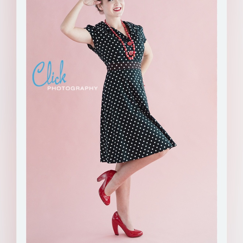 Ruby Rox Polka Dot retro Midi Dress Cap Sleeve Black White Red Cotton pinup